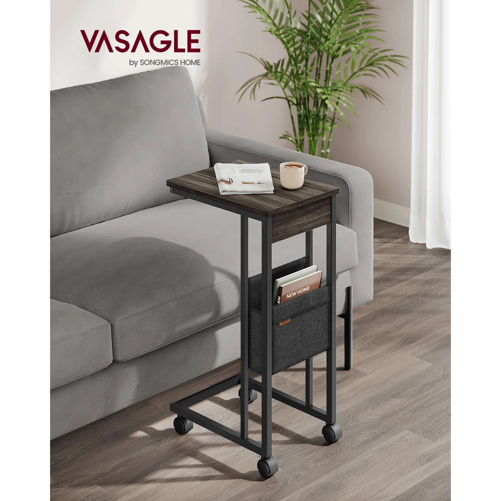 VASAGLE C-Shaped Side Table, Bedside Table, End Table for Small Spaces, with Fabric Storage Bag, Includes Adjustable Feet