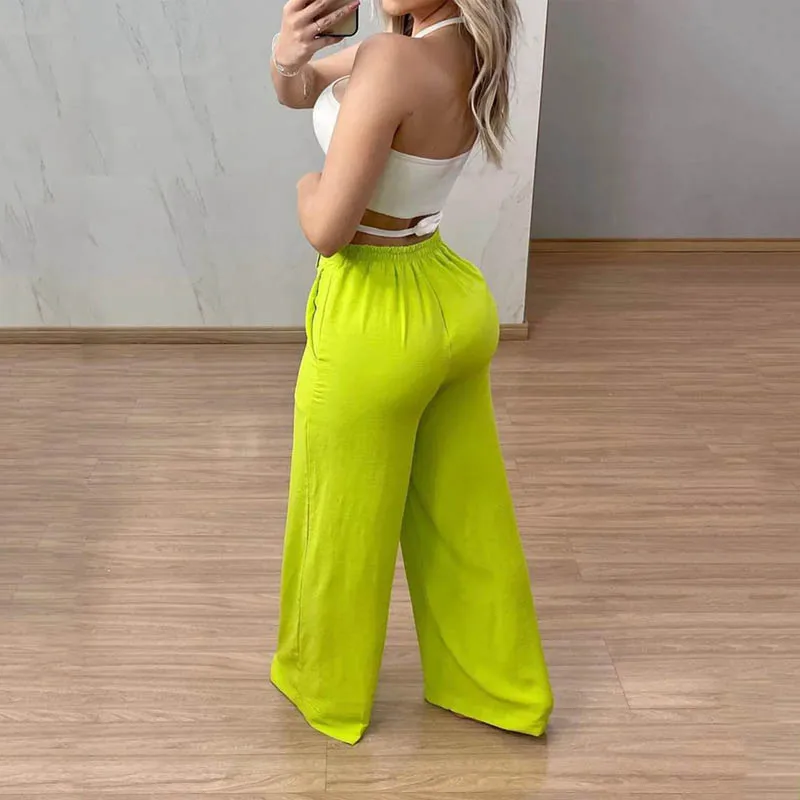 Wefads Women Two Piece Set Summer Sexy Solid Halter Sleeveless Backless High Waist Slim Top Loose Wide Legs Pants Set Streetwear