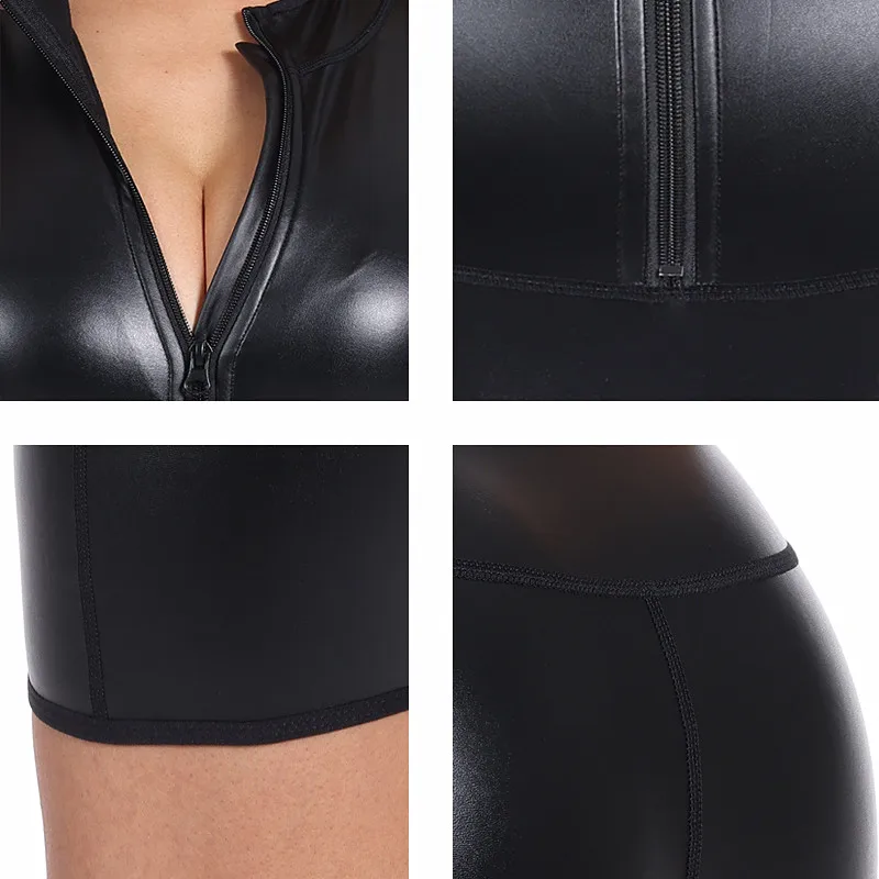 Women\'s Shaper Hot Metallic Front Zip Mock Neck Catsuit Bodysuit Sexy One Piece Faux Leather Short Jumpsuits Tank Tops Shapewear