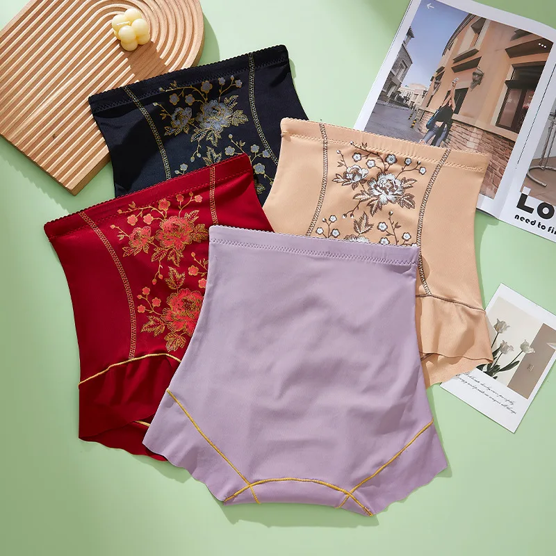 

4 шт./лот, женские трусы с вышивкой, бесшовные, больших размеров, с высокой талией, корректирующие трусы-слипы для женщин