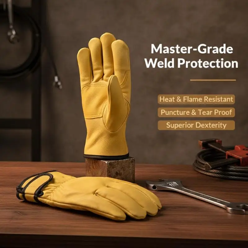 1 Pair Heavy Duty Sheepskin Leather Work Gloves Safety Wearproof Gloves for Welding Gardening Farm Working Use