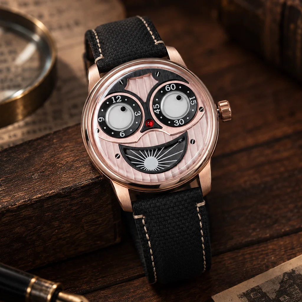 OBLVLO Unisex Joker Face Dual Time Mechanical Wristwatch with Plaid Leather Strap Unique Automatic Clock for Men And Women JM-JK