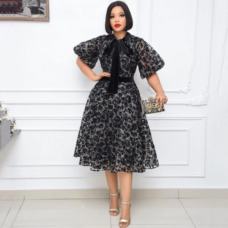 2024 Summer New Graceful Stand Collar Black Flocking Encryption Mesh Cinched Lace Stitching Fashion Slimming Dress