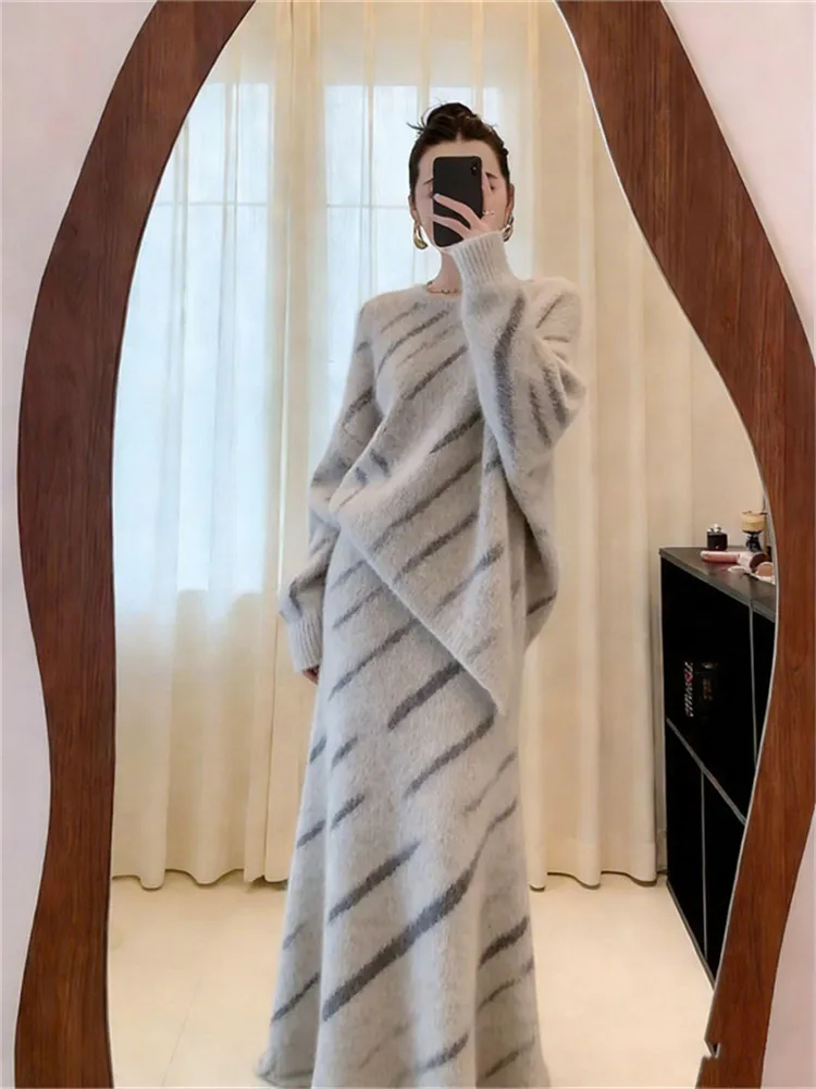 

Laid-ba Sle Women's Faion Loose Top Bot Set Spring Collection High Waist Skirt Versatile Long Sve Knitwear