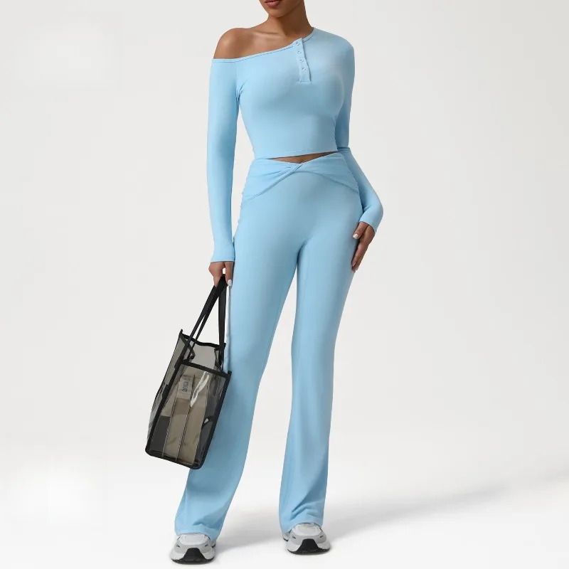 

Новый женский комплект для йоги с косыми плечами и длинными рукавами, топы с перекрестной высокой талией и рюшами для фитнеса, слегка расклешенные брюки, спортивные костюмы для спортзала