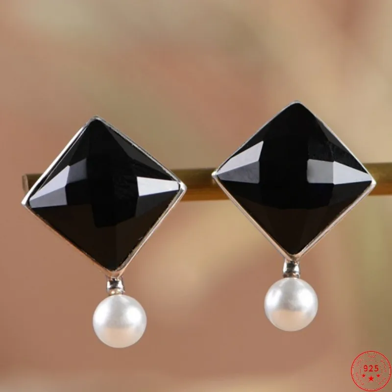 

S925 Sterling Silver Earrings for Women 2022 Christmas New Fashion Rhombus Agate Pearl Ear Studs Argentum Ear-drop Jewelry