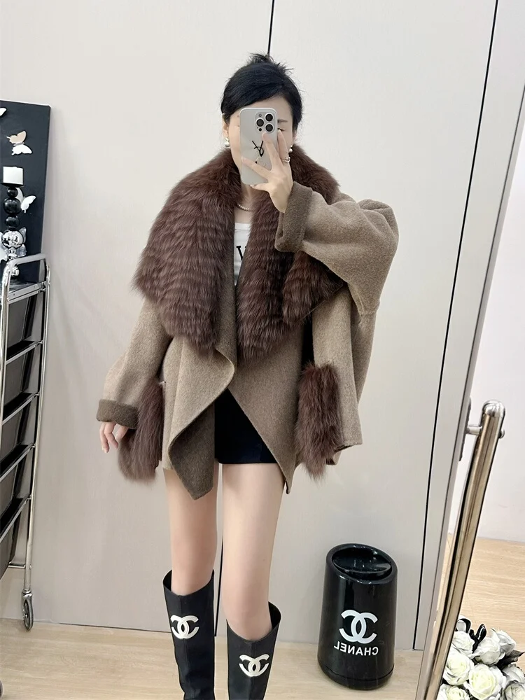 2024 New Winter Natural Real Fox Fur Collar Coat Cashmere Wool Woolen Women Jacket Luxury Outwear Ladies Female Fur Coat