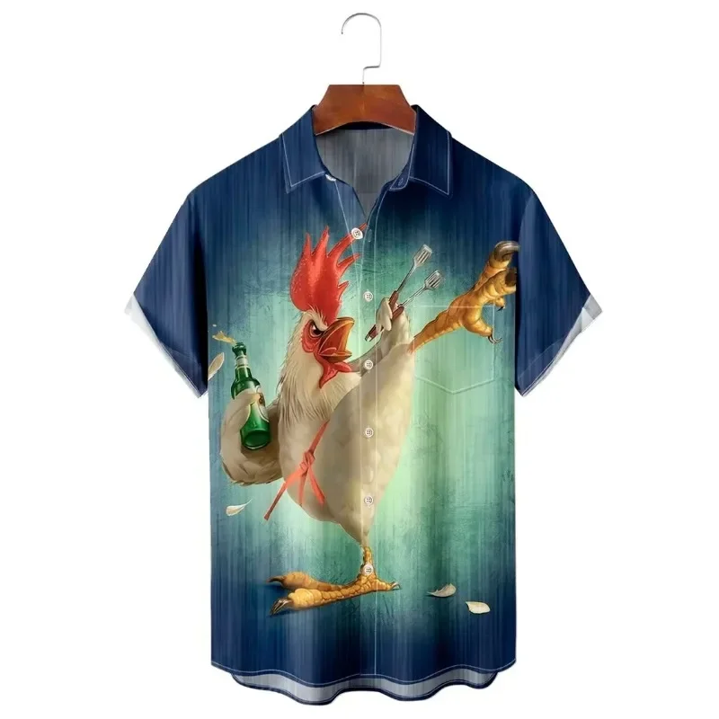 Summer Hawaiian Shirt for Men Fashion Beach Chicken Pattern Y2k Tops Streetwear Shirt Short Sleeve Oversized Men Clothes Bluas