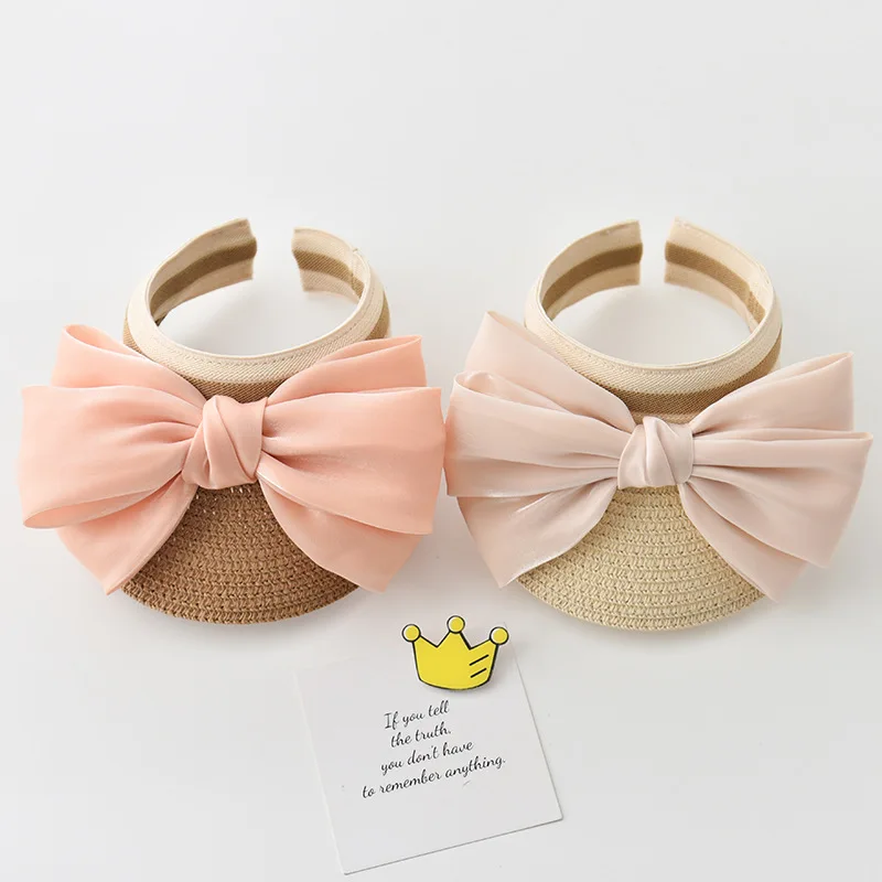 Fashion Ribbon Big Bow Kids Summer Empty Top Casual Sun Hat Outdoor Travel Beach Straw Caps Holiday Girls Wide Brim Visor Cap