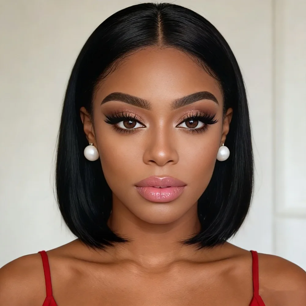 Wig Female Black Short Straight Hair Middle Split Bobo High Temperature Silk and Synthetic Fiber Hair Button Net Cover