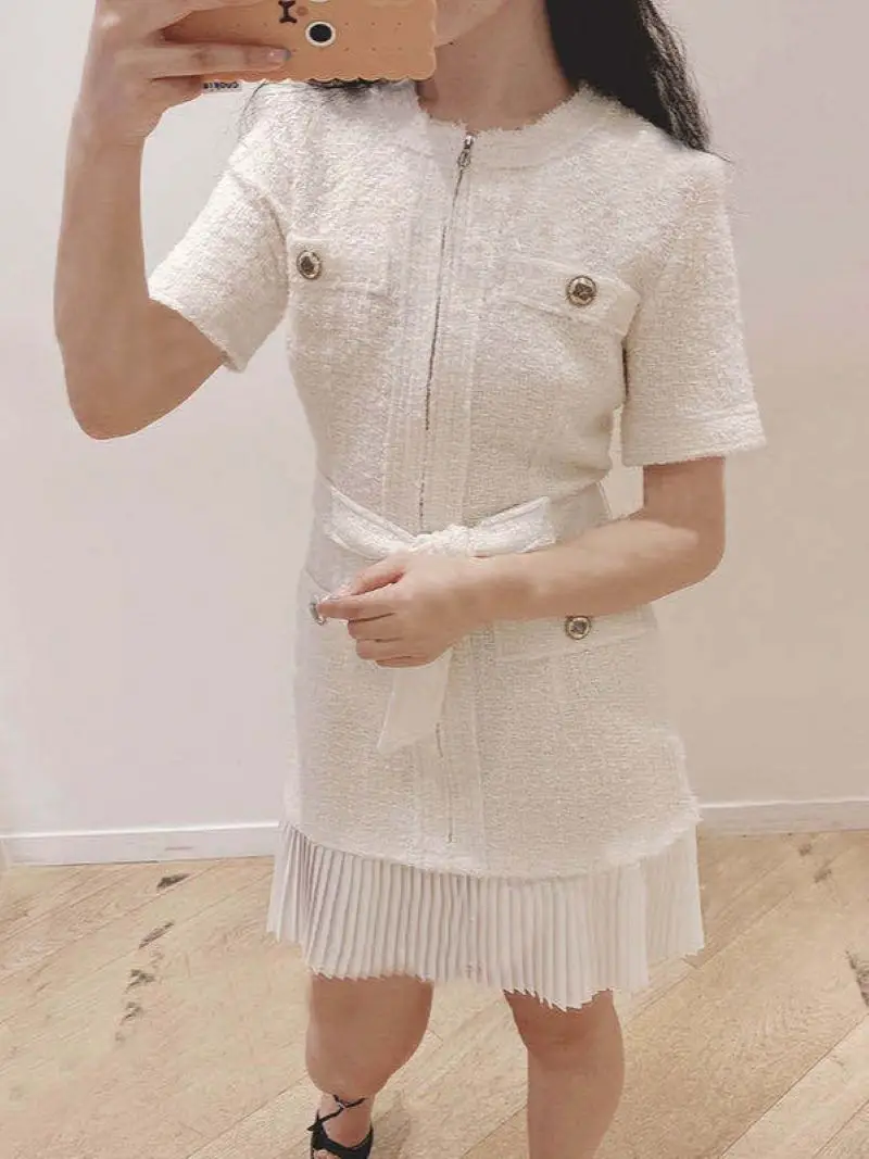 

Women Black or White Dress Tassel Stitching O-Neck Short Sleeve Pleated Elegant Summer 2024 Mini Robe with Sashes