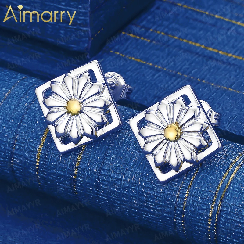 925 Sterling Silver Contrasting Square Daisy Earrings for Women's Parties Banquets Weddings High-quality Fashion Jewelry