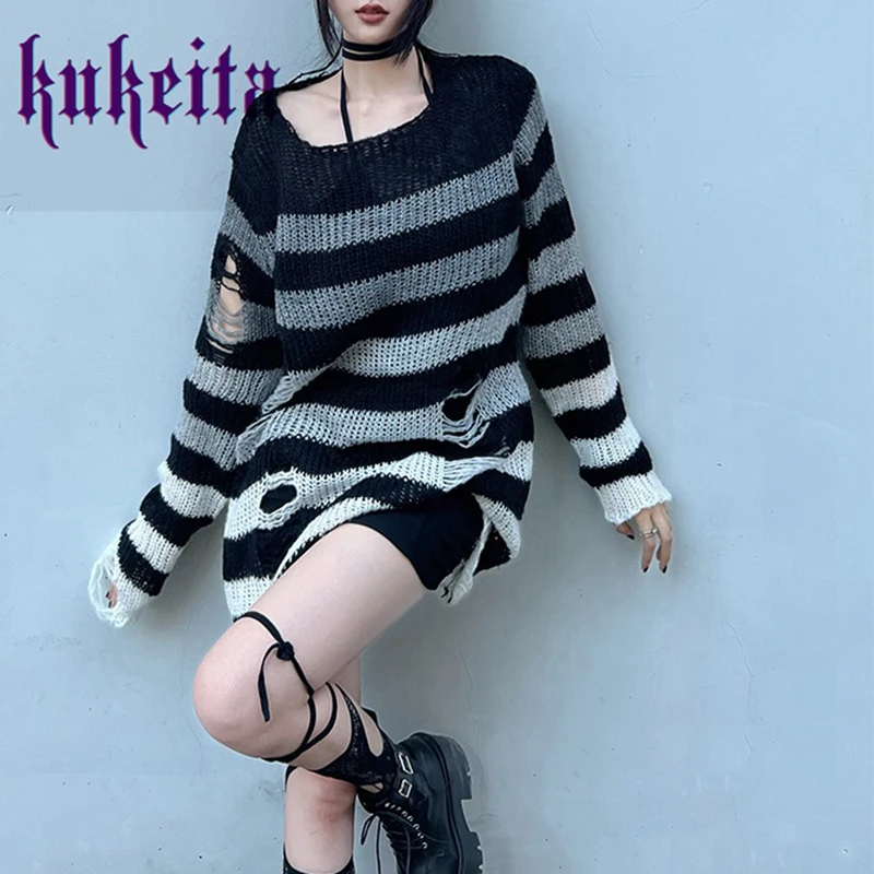 Kukeita Gothic Long Unisex Sweater Women's Striped Hollow Out Hole Broken Loose Pullover Rock Punk Streetwear Knitted Jumpers