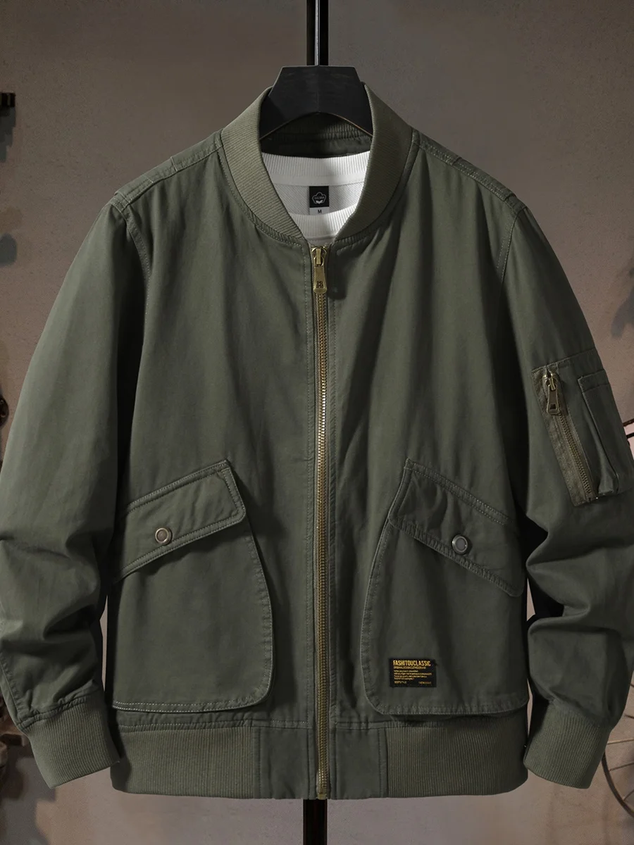 

Pure Cotton American Sle Workwear Jaet Men's Trendy Stand Collar Multi ket Retro Military een Flight Casual Long Sle...