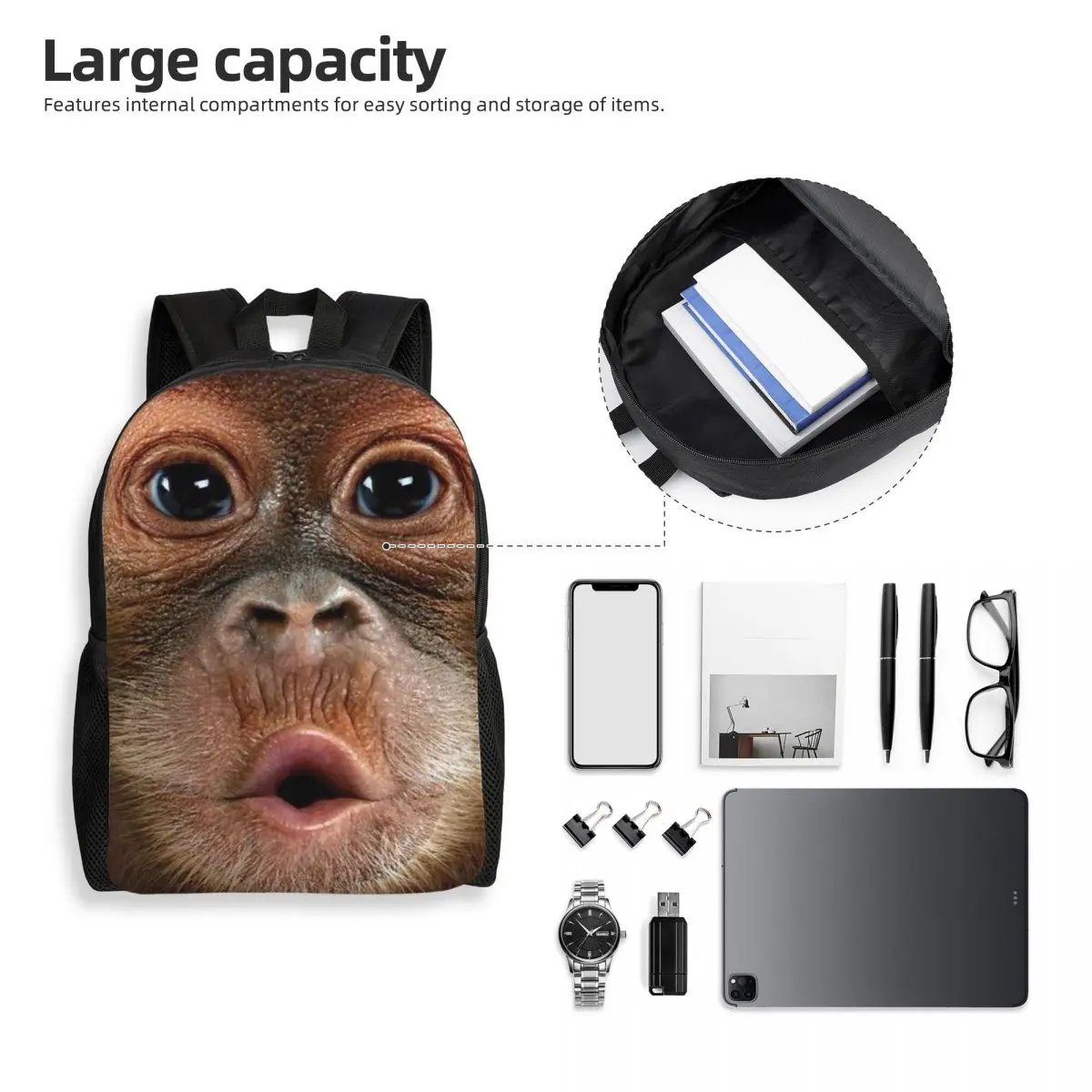 حقيبة ظهر مدرسية كبيرة الوجه للأطفال من Orangutan Monkey حقيبة مدرسية للمشي لمسافات طويلة والسفر حقيبة نهارية للأولاد والبنات حقيبة كتب عصرية حقائب كتف