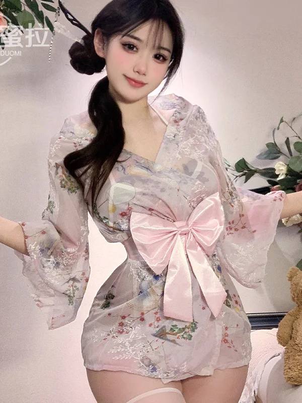 Summer Thin High Waist Thin Sweet Mini Dress Large Kimono Small Chest Underwear Uniform Dress Elegant Sweet 2024 New  KT23