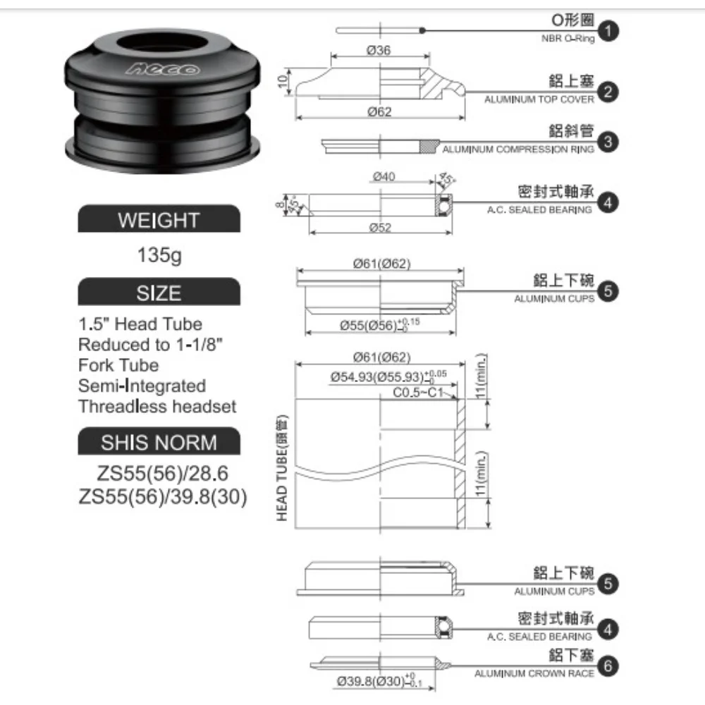 

Neco Bike Headset Bicycle Semi-Integrated Threadless Headset 1.5" To 1-1/8" Reduced Fork Tube Sealed Bearing for MTB/DH/XC