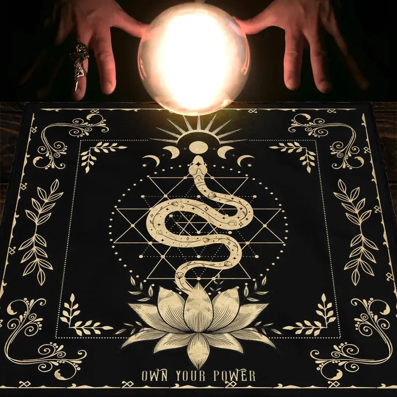 VIKAMA Golden Serpent Lotus Tarot Altar Cloth Sacred Geometry Witchcraft Mat for Divination Spiritual Awakening Home Decor