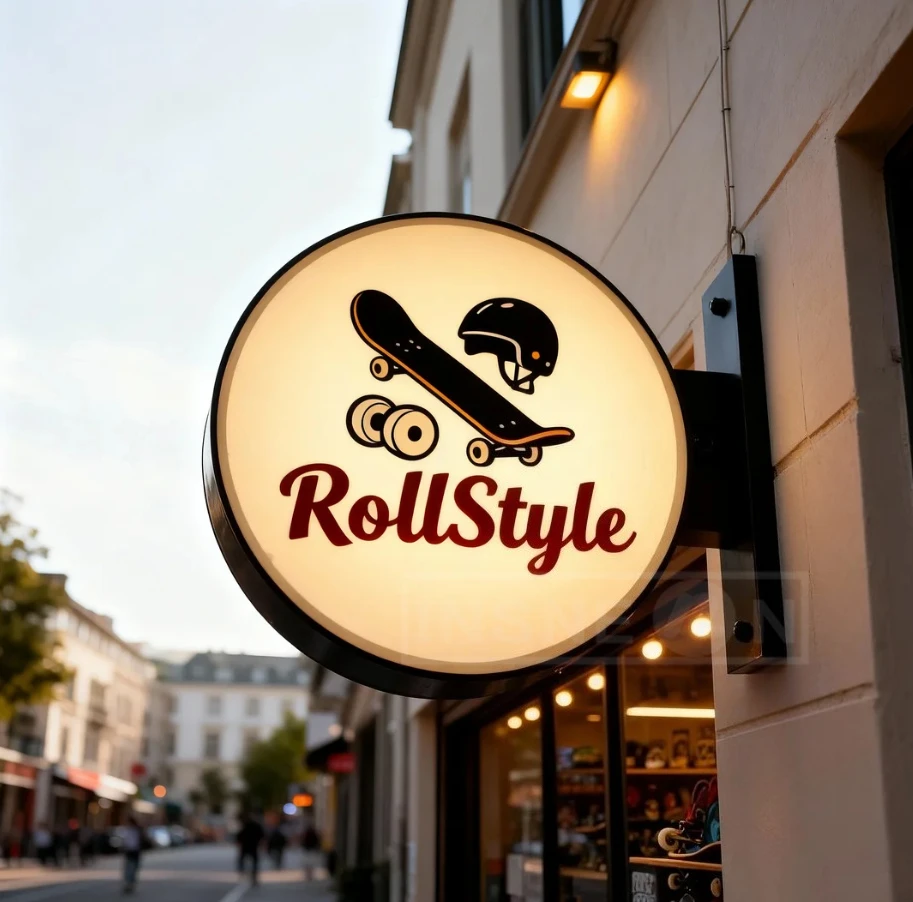 

Световой короб на заказ, двусторонний, светодиодный, для наружной рекламы магазина, светящийся, круглый, настенный, в стиле RollStyle, с логотипом