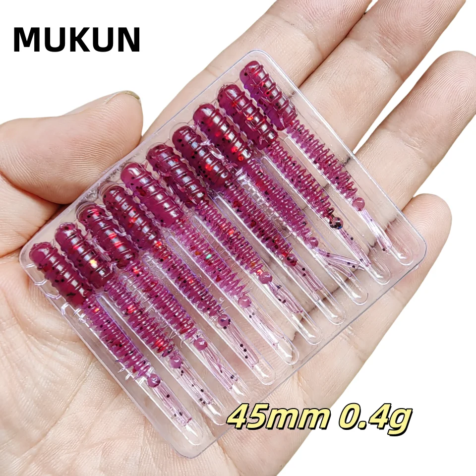 MUKUN przynęty na robaki 10 sztuk Mini przynęta 45mm0.4g miękka silikonowa przynęta sztuczna larwa gumowe przynęty woblery przynęta na okonie
