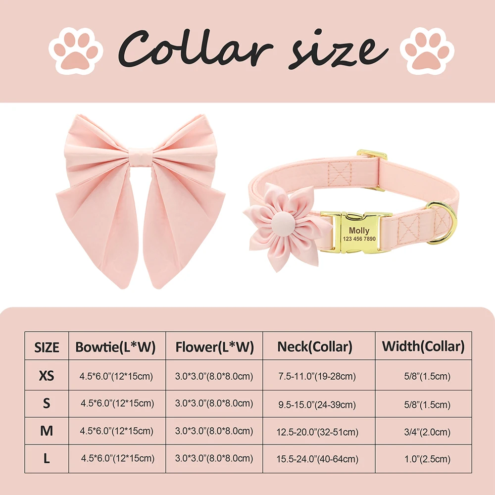 Customized Silk Dog Collar Soft Bow Tie Pet Collars Flower Bowknot Puppy Collar Personalized ID Name For Small Medium Large Dogs