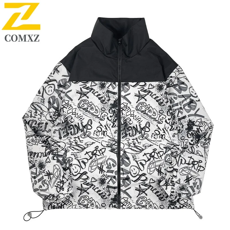 

COMXZ Men Jacket Spring Autumn Splash Hong Kong Style Ins Korean Workwear Loose Fit Couple Patchwork Casual outdoor sports Coat