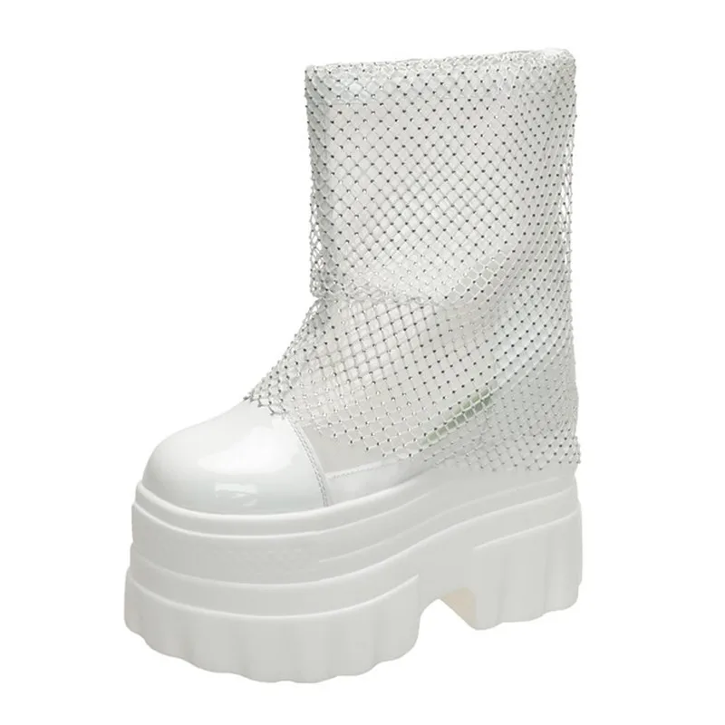 14cm Super High Women's Stud Wedges Platform Booties Round Cool Ankle Boots 2026 New Spring Summer Street Style Trending Shoes