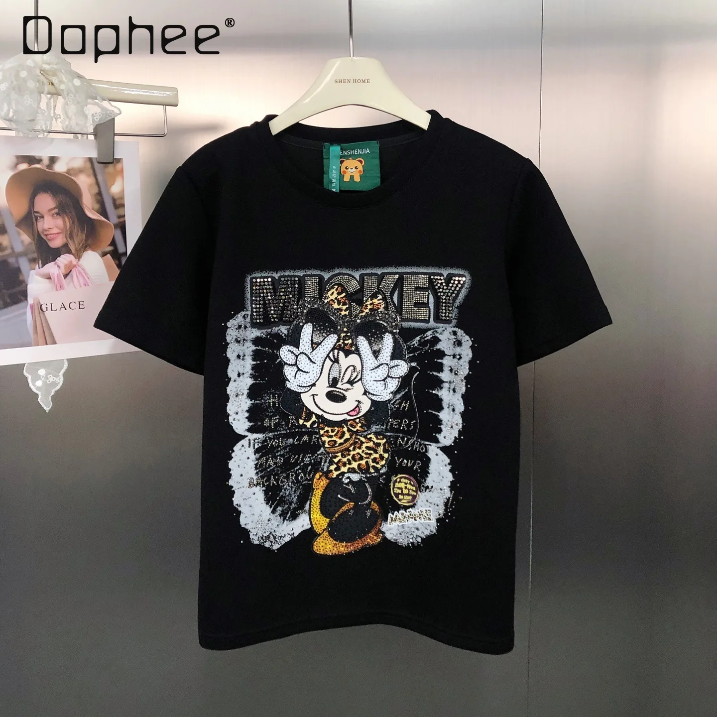 

Korean Fashion Cartoon Print Heavy Rhinestone Round Neck Casual Short Sleeve T-Shirt for Women Kawaii Clothes