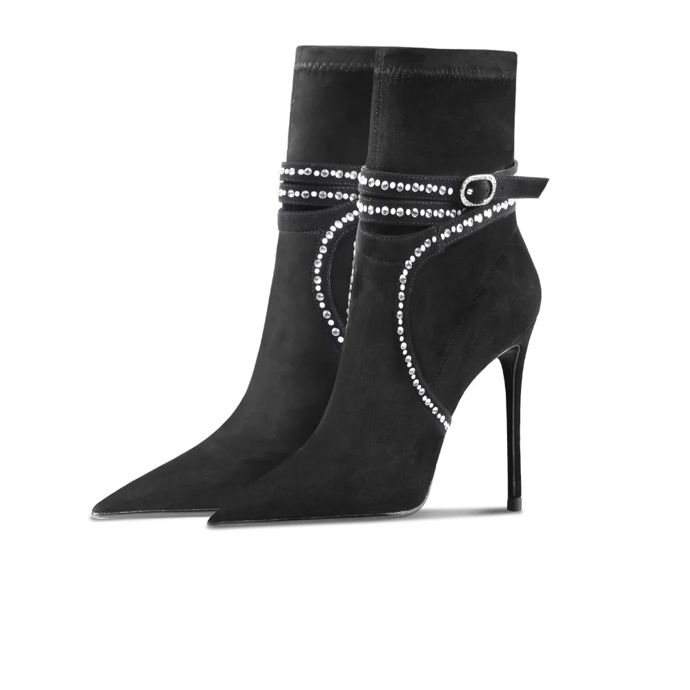 

Black Suede Strappy Studded Heel Ankle Boots Women 2025 New Autumn Winter Pointed Toe Fashion