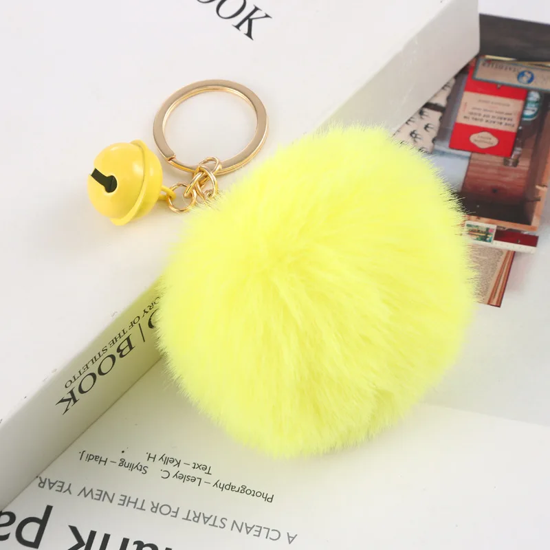 8cm Faux Rabbit Fur Ball With Bell Keyring Women Bag Key Chain Jewelry Party Wedding Trinket Keychain Girl Gift