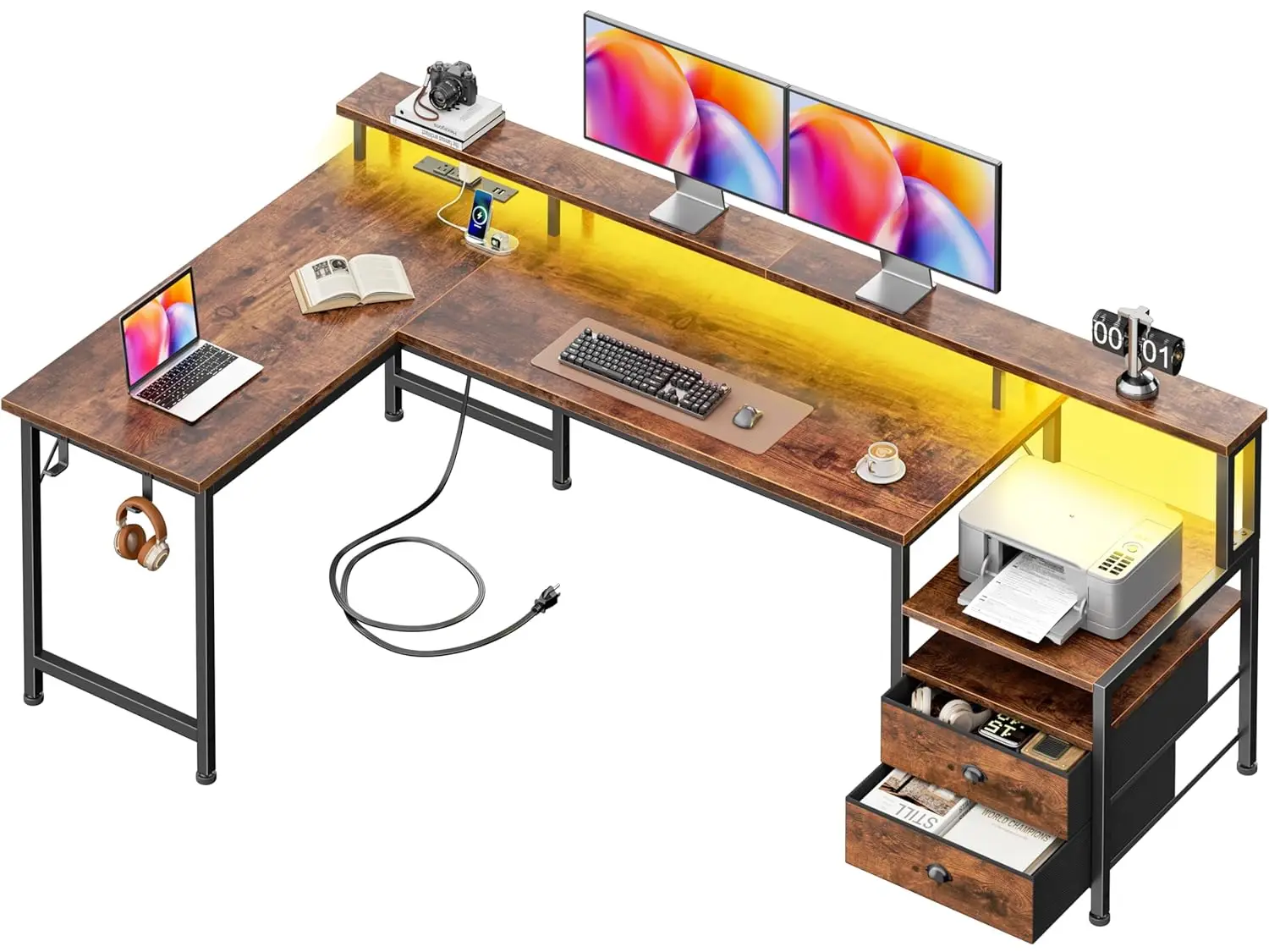 

66in L Shaped Desk USB Power Reversible Drawers Shelves LED Home Gaming Work Brown, Customized