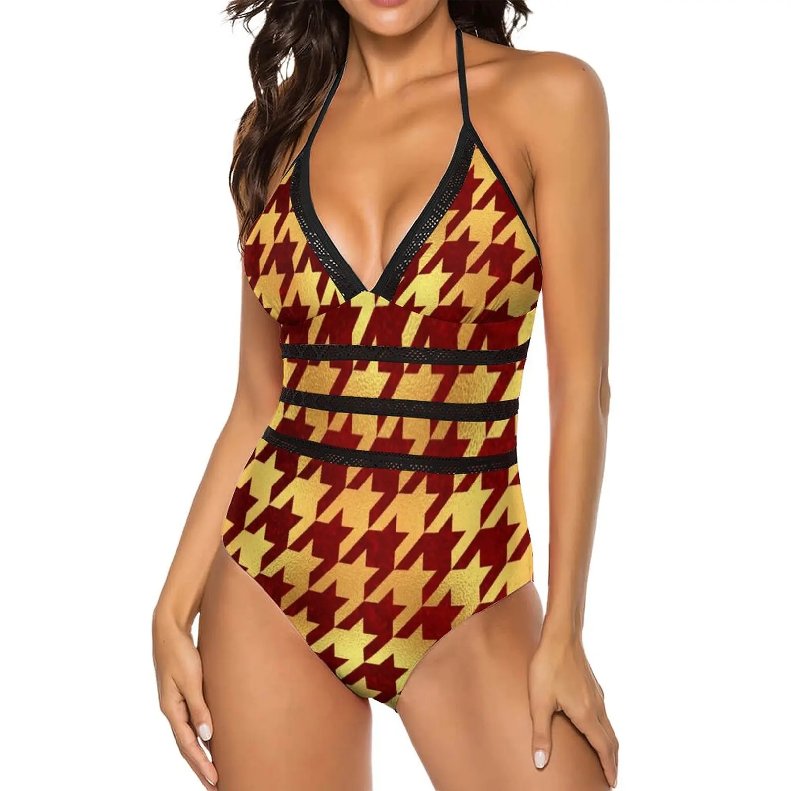Red Gold Houndstooth Swimsuit Retro Print One Piece Swimwear Push Up Rave Bathing Suits Sexy Sling Design Swimsuits Beachwear