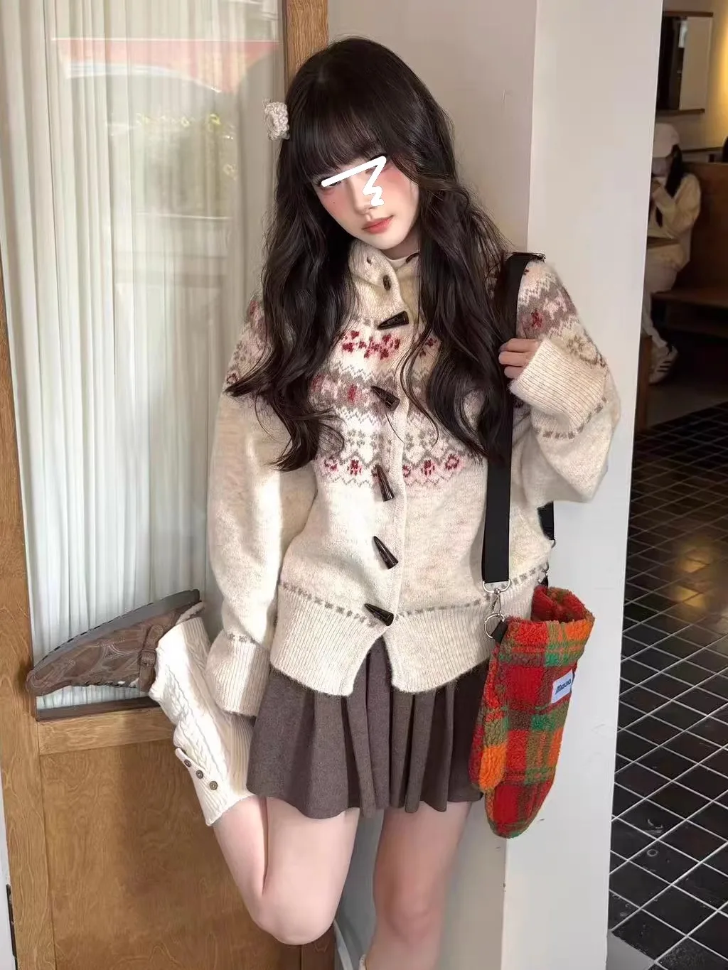 

Fair Isle Knitted Sweater Coat Women's Autumn Winter Loose Fit Button up Hat Design Premium Feeling Long Sve Knitwear