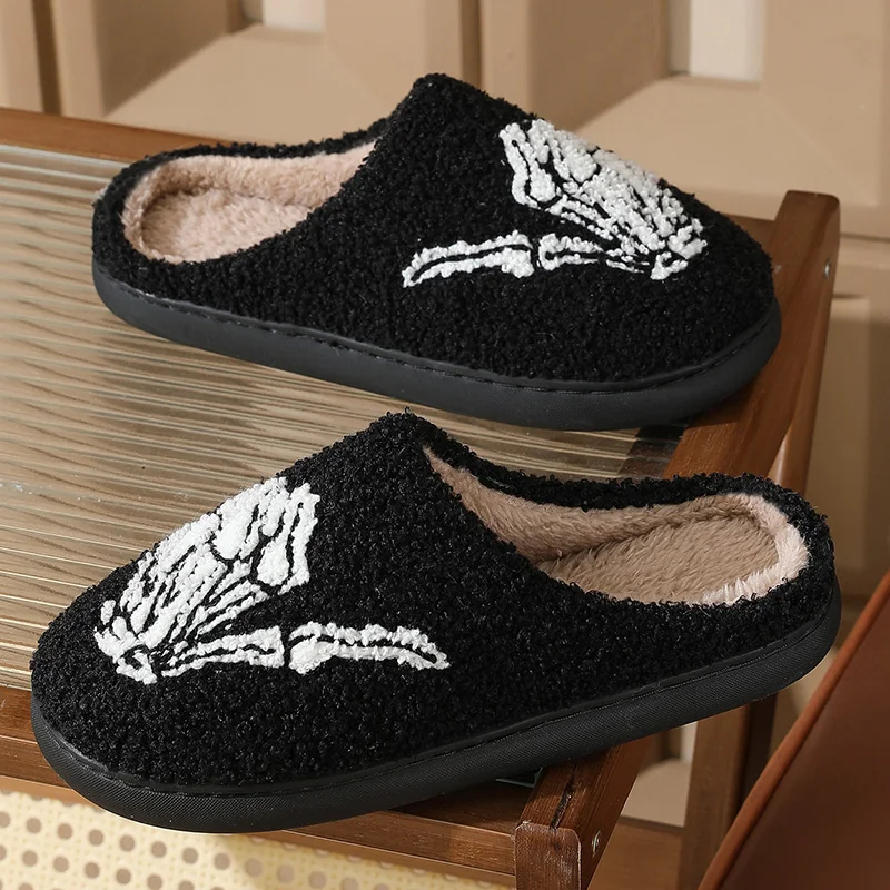 Halloween Skeleton Finger Bone Plush Slippers Women Indoor Soft Sole Warm Fluffy Couple Slides 2026 Non Slip Home Cotton Shoes