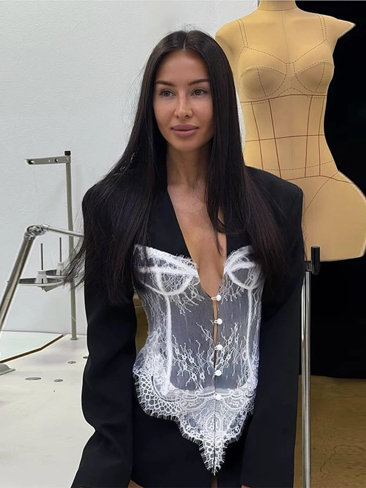 

Lace Deep V Long Sleeve Suit Jacket Women Sexy Shoulder Pad Sleeves Single Breasted Waist Cinching Jackets Hot Girls Outerwear