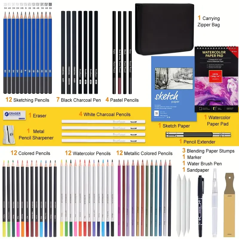 75 Pcs Drawing Set Pro Art Supplies Watercolor, Colored, Graphite, Charcoal, Metallic Pencil, fIdeal for Artists, and Beginners