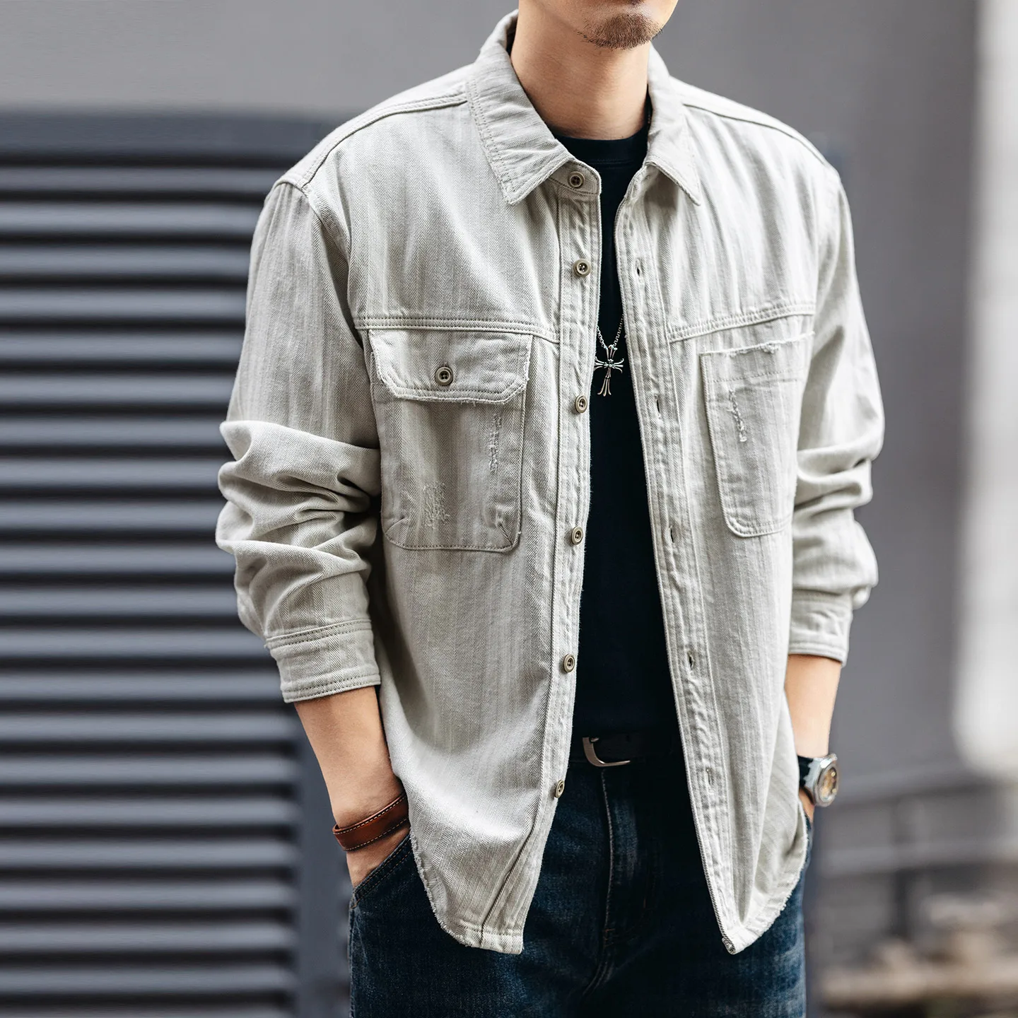 Spring and Autumn's new trendy men's pure cotton washed work shirt, a loose long-sleeved shirt jacket from a trendy brand