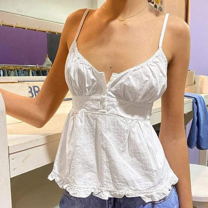 Women's Crop Top Casual Camisole Solid/Plaid Sleeveless Deep V Neck Ruffle Hem Sling Vest Tank Tops Summer Camis Streetwear Y2k