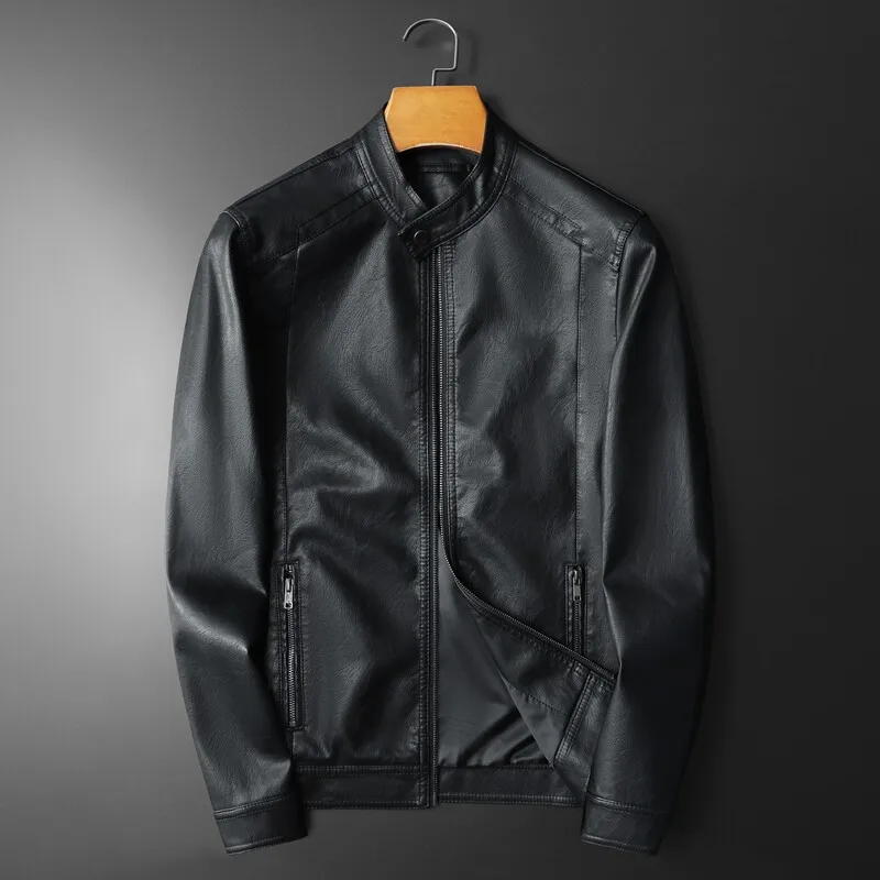 

Новая модная мужская кожаная куртка 2026 года с воротником-стойкой на молнии, высококачественная приталенная кожаная куртка для мужчин, байкерская куртка
