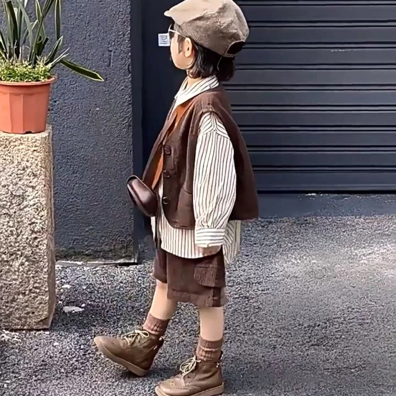 Children's Brown Corduroy Suit Spring and Autumn New Boys Vest + Shirt + Shorts Trendy Catwalk Photography Clothing