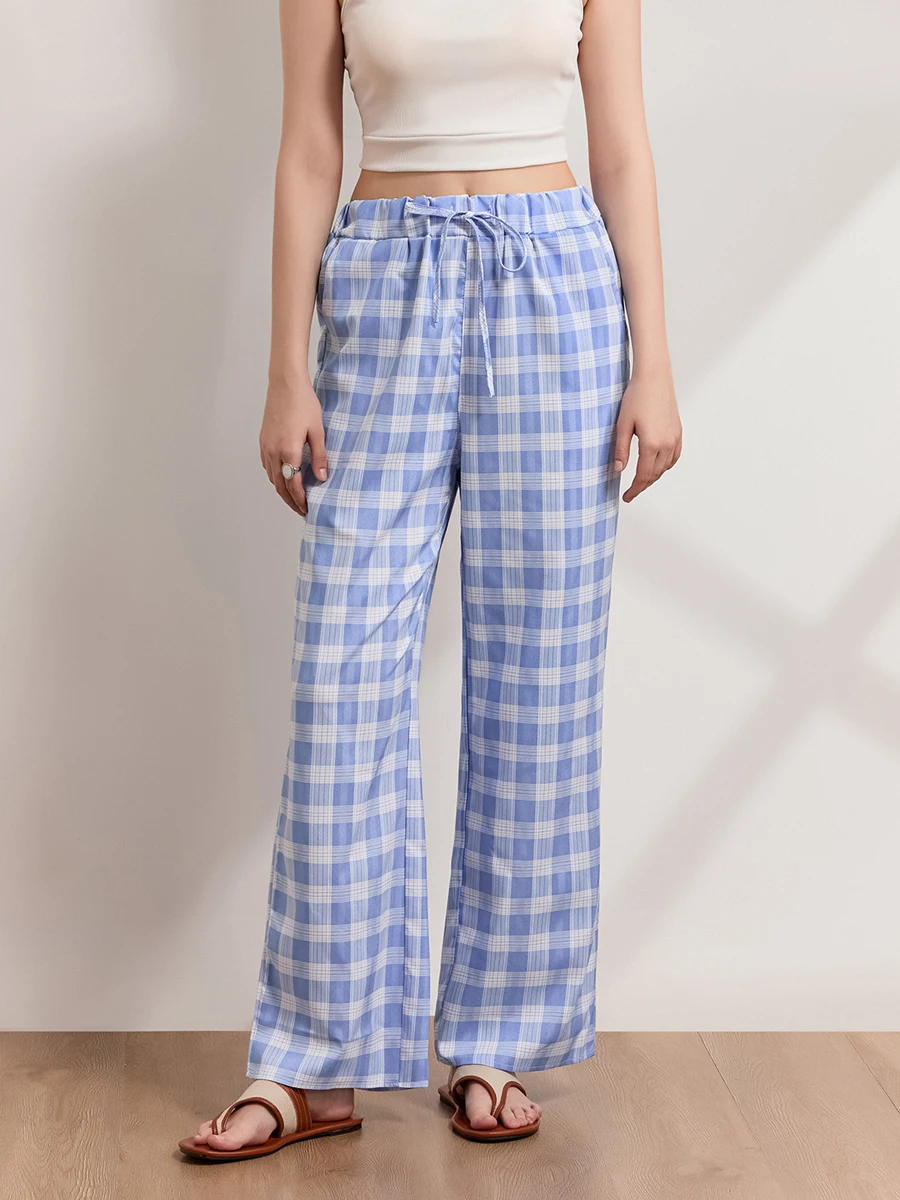 Women Plaids Lounge Pants Elastic Waist Drawstring Loose Long Trousers for Home Sleepwear Daily Bottoms