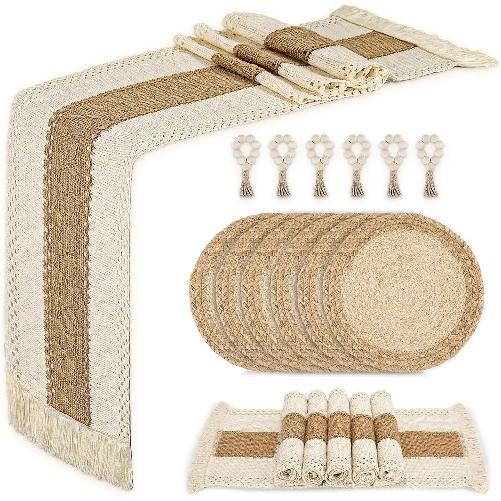 

Placemats Set o 6 with Plates Table Mats Table Runner and Napkin Rings,Made o Natural Cotton Burlap and Corn Husk,Non-Slip Heat-