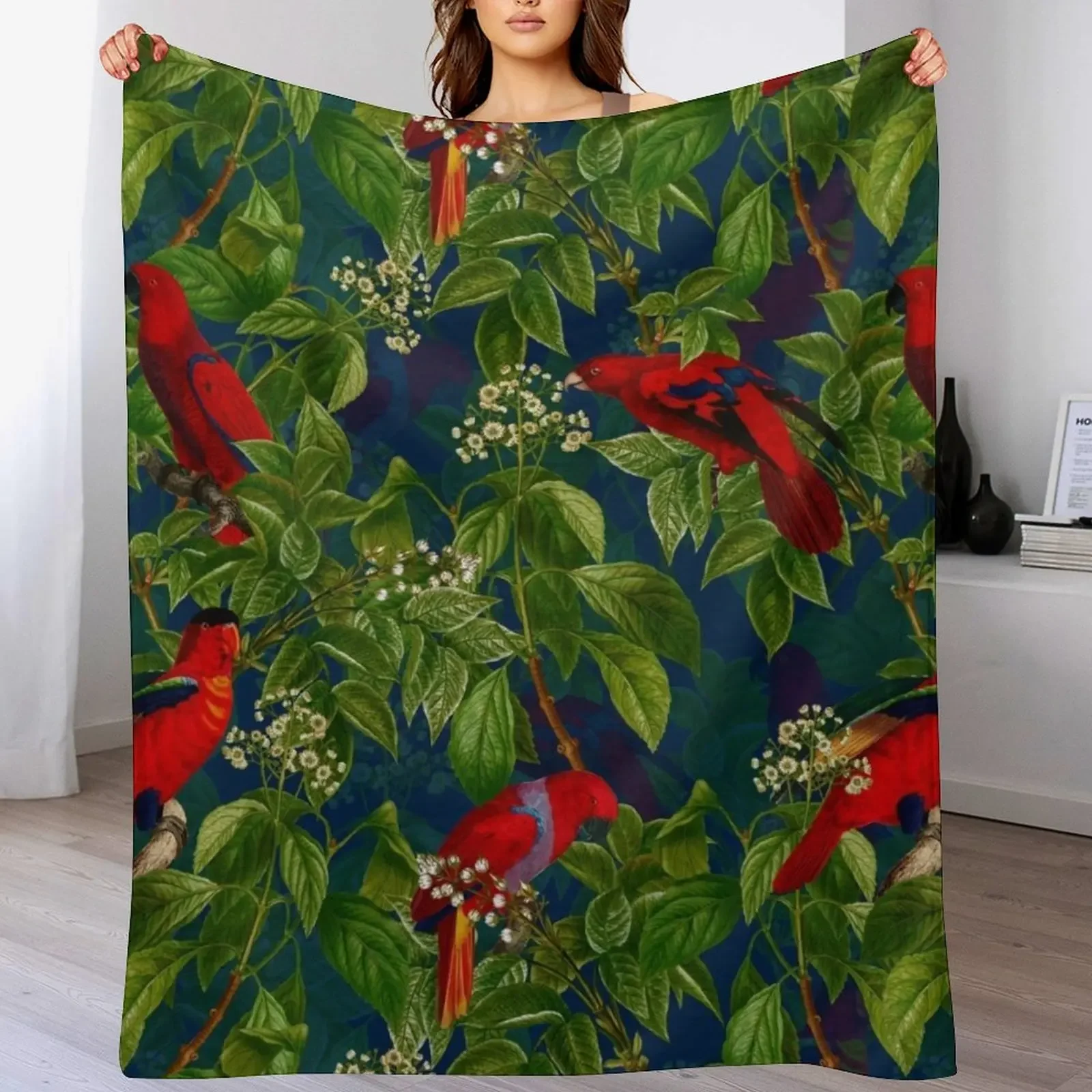 Vintage Red Parrot in Green Jungle Pattern Throw Blanket Cozy Throw Blanket for Bed Sofa Chair