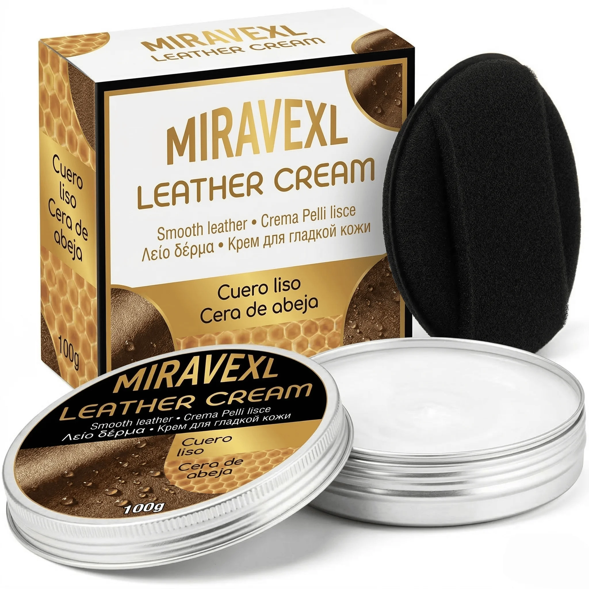 MIRAVEXL Lederpflegecreme 100g mit Schwammapplikator Auto-Sitzbezug Sofa-Reiniger Bienenwachs-Politur Lederpflege-Balsam