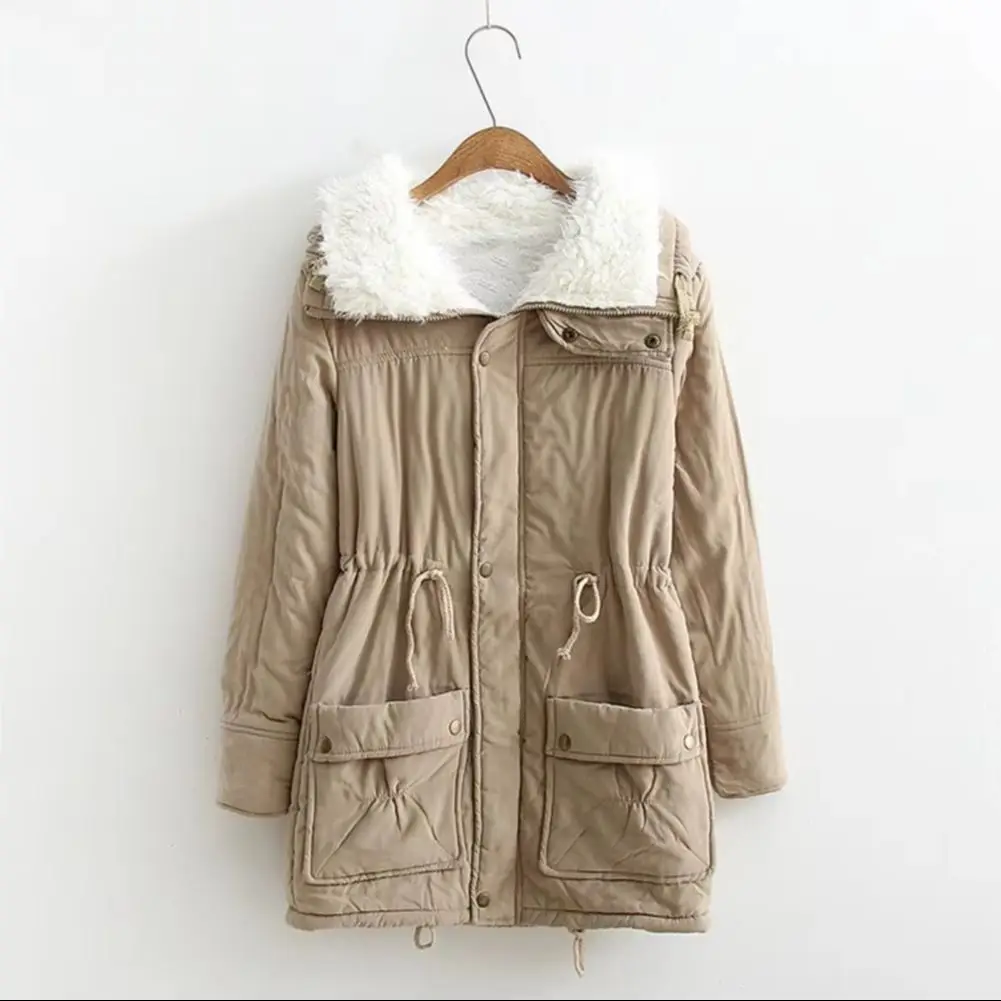 Women Cotton Jacket Solid Color Jacket Winter Women Jacket Thickened Plush Coat Mid-length Windproof Warm Outerwear with Elastic