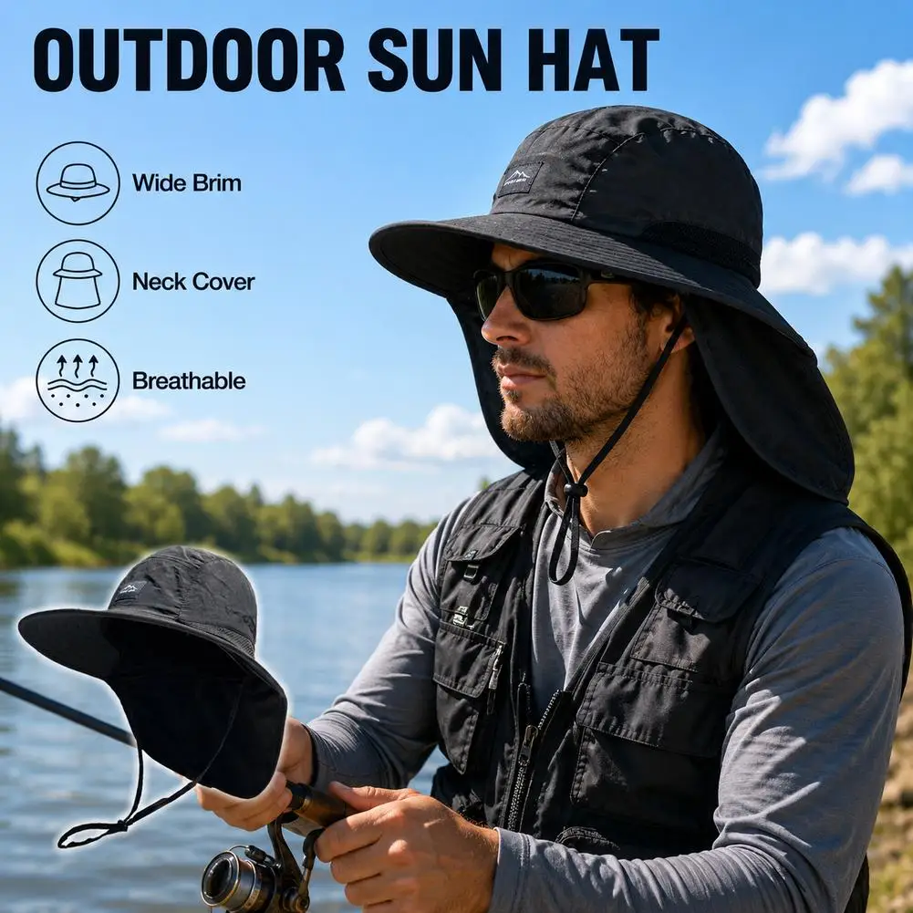 Summer Bucket Hat For Men Fisherman Cap Outdoor Sunshade Neck Flap Wide Brim Sunscreen Riding Hiking Suncreen Sunhat
