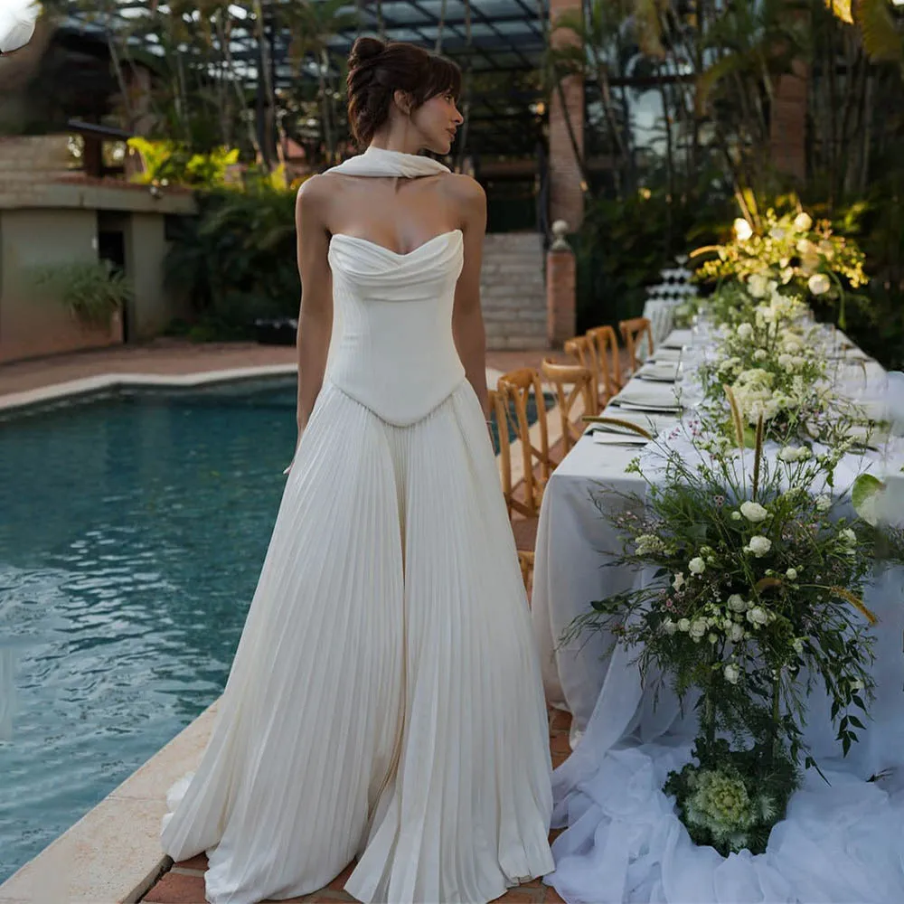 

New V-neck Pleast Satin Ruffles Bridal Grown A Line Wedding Dresses Long Scalf Custom Made 2026 Vestido De Noival