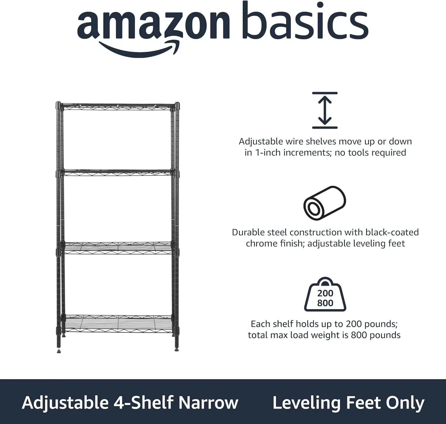 4-Shelf Adjustable, Storage Shelving Unit, (200 Pound Loading Capacity per Shelf), Steel Organizer Wire Rack