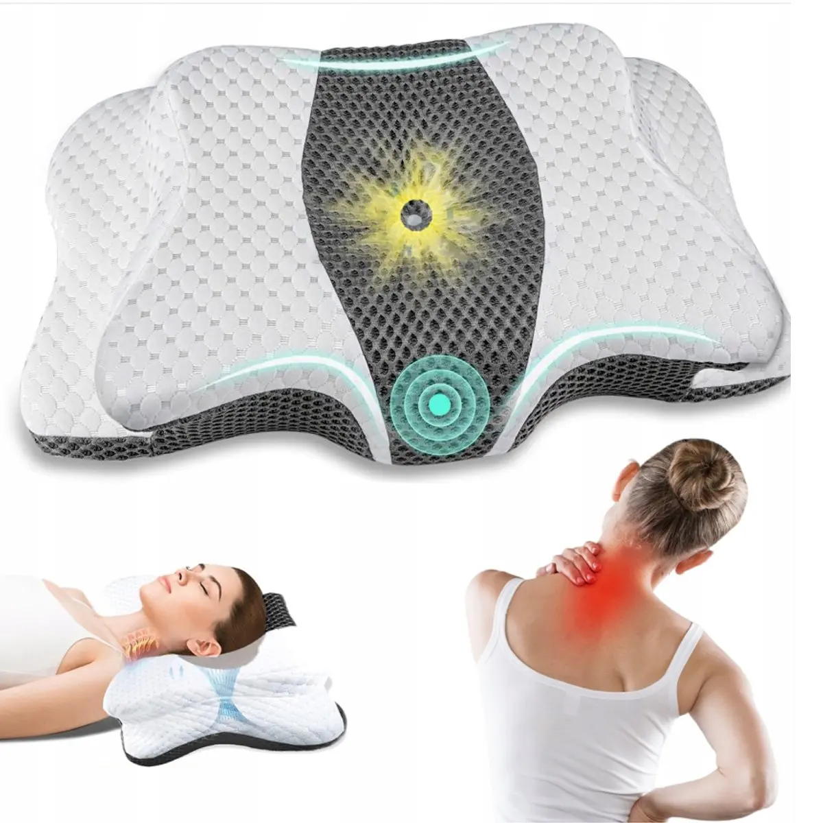Oreiller de soutien ondulé, oreiller cervical en mousse à mémoire de forme, oreiller orthopédique ergonomique 2-en-1, oreiller de soutien pour le cou et le corps, gris-blanc