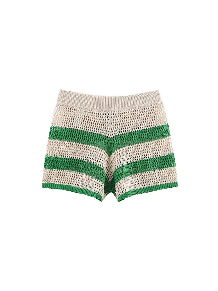 NLZGMSJ 2025 verano Casual Chic traje de mujer a rayas de manga corta con botones de punto Top con cordones pantalones cortos conjunto de moda femenina